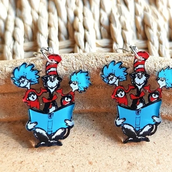 🎄 UNIVERSAL Cat in the Hat w Thing 1, Thing 2 - dangle earrings, NWT - Picture 3 of 3
